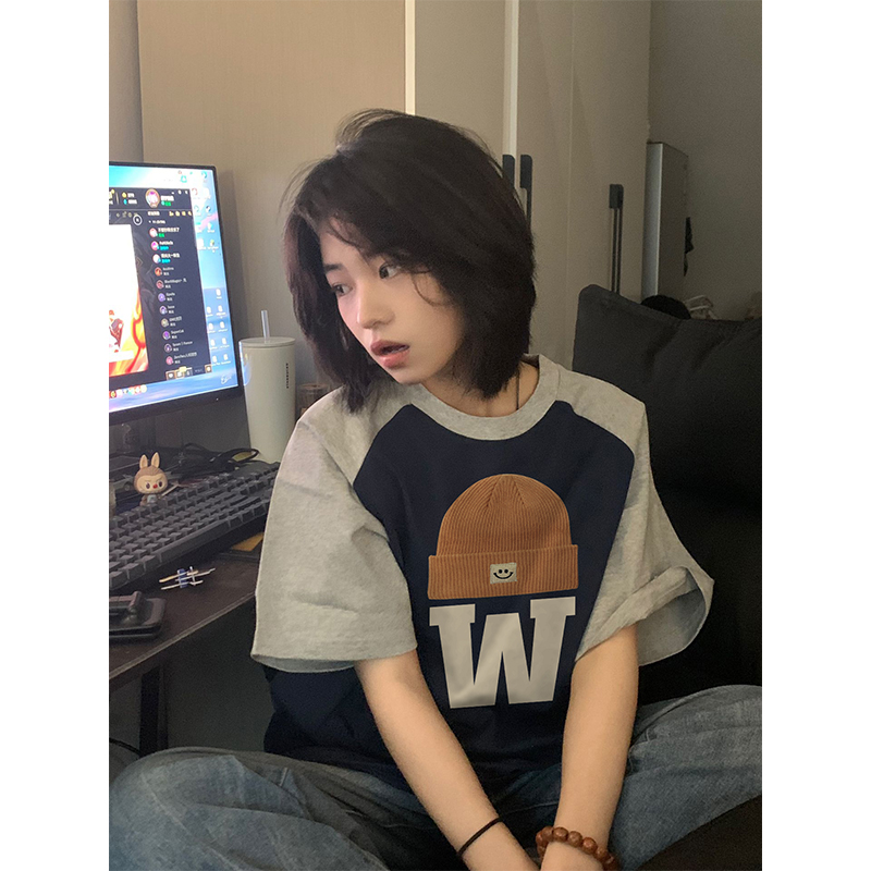 速发美式夏古插肩t恤覆季宽松设计感小众正肩港味ch上衣