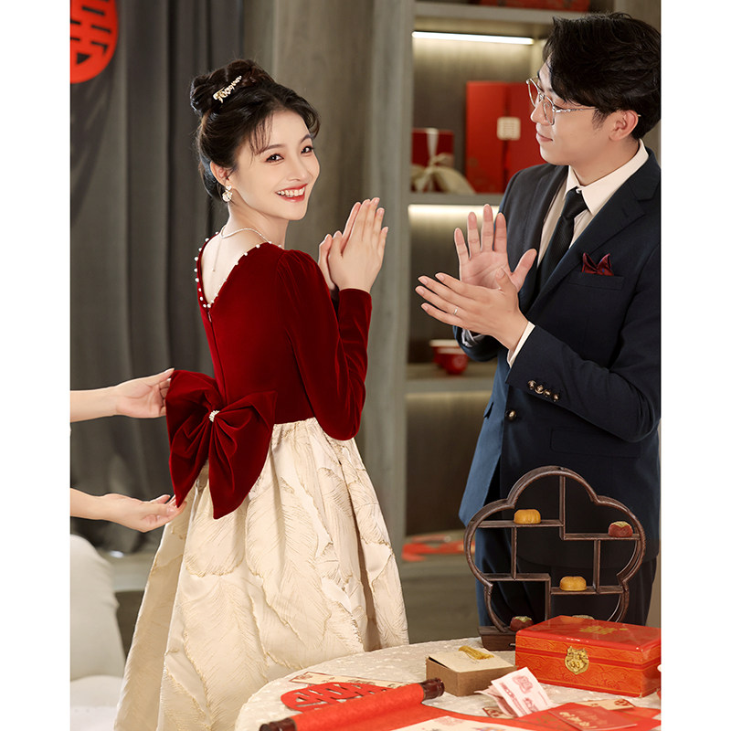速发孕妇敬门服新娘冬季丝绒法式订婚回酒结婚在逃公主礼服裙大码