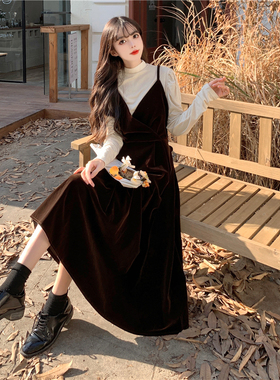 现货速发大码高级感丝绒连衣裙202新款黑色吊带裙长袖打底衫两件