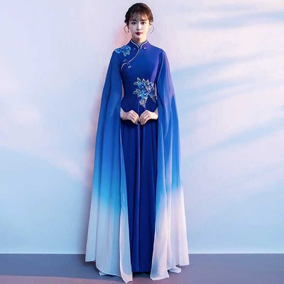 速发新款蓝色大合唱演出服长裙成人中国风朗诵气质晚礼服裙古筝表
