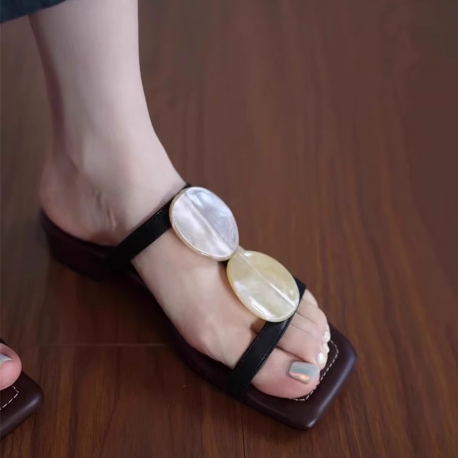 法式一字带方头露趾凉鞋罗马拖鞋