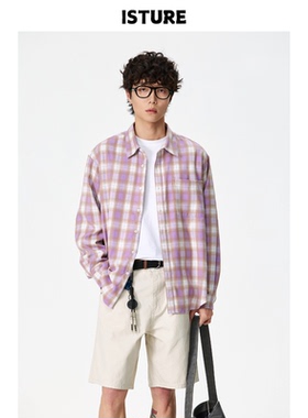 ISTURE美式复古撞色拼接格纹衬衫男女宽松百搭休闲慵懒风衬衣外套