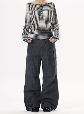 ISTURE美式复古做旧炭灰色褶皱微喇工装裤男女多口袋cleanfit长裤