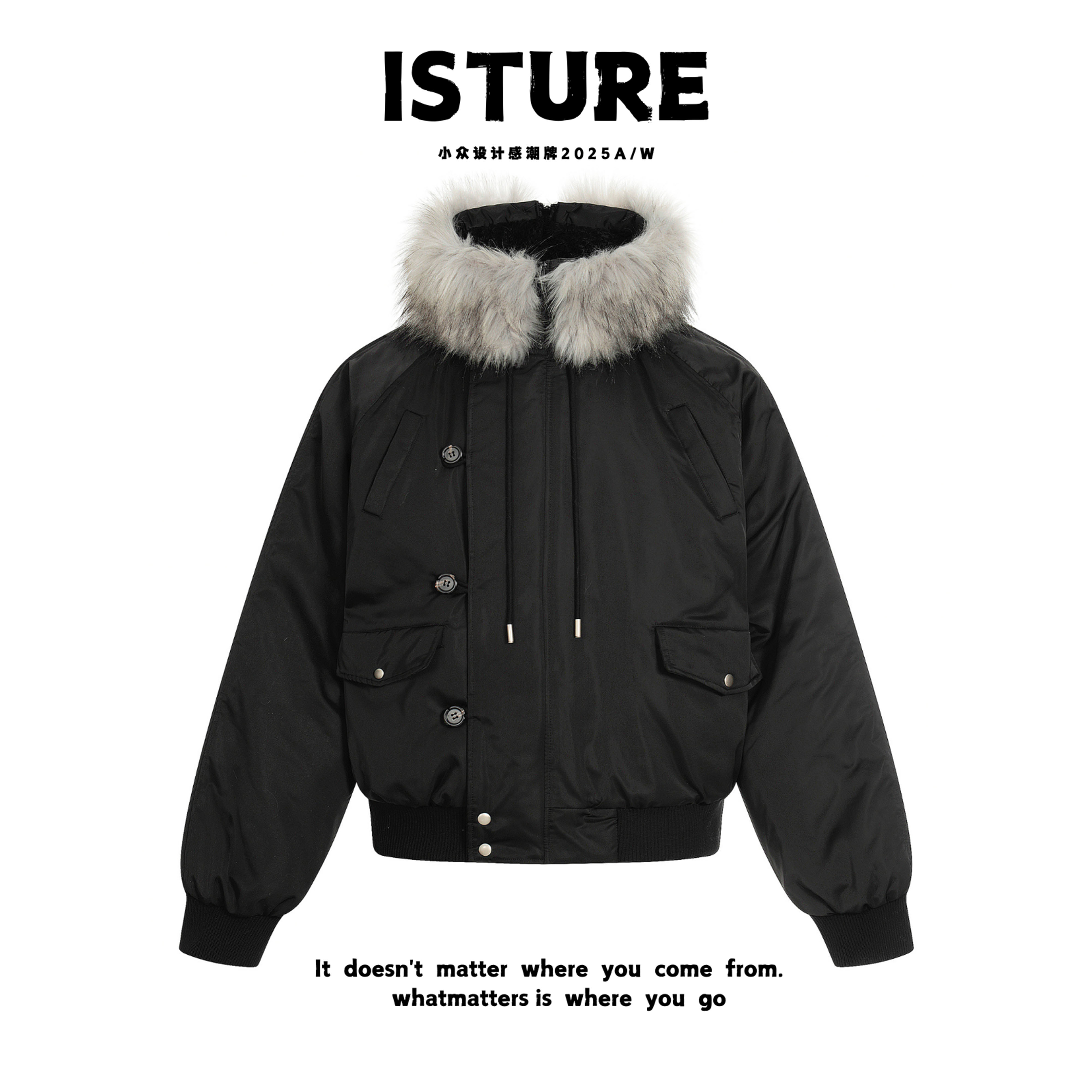 ISTURE美式复古毛领座山雕工装派克棉服情侣宽松百搭休闲冬季外套