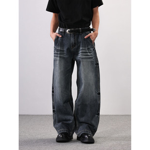 ISTURE美式复古设计感猫须阔腿裤子水洗弯刀牛仔裤男女宽松长裤潮