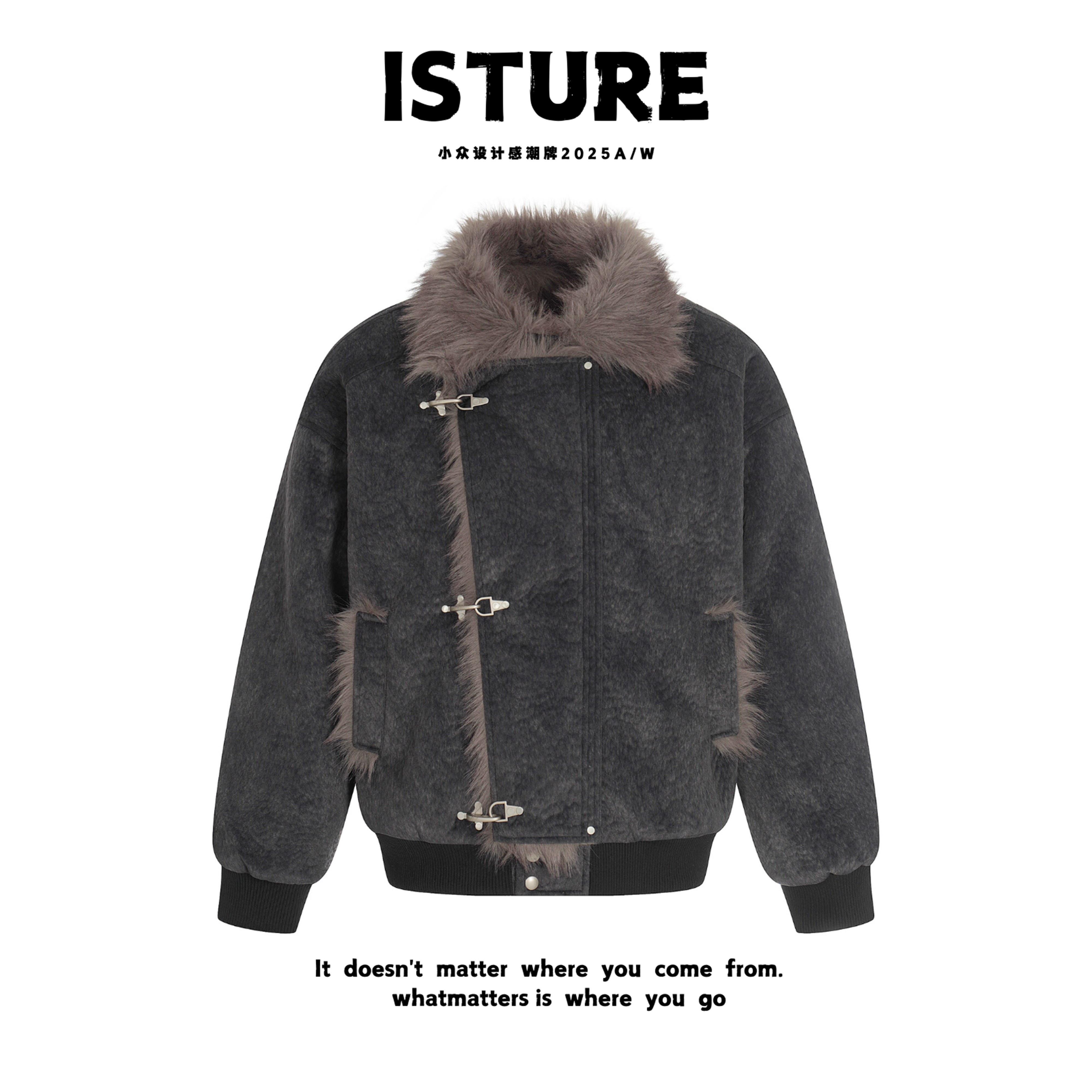 ISTURE美式复古大毛领飞机扣座山雕棉服情侣宽松百搭休闲冬季外套