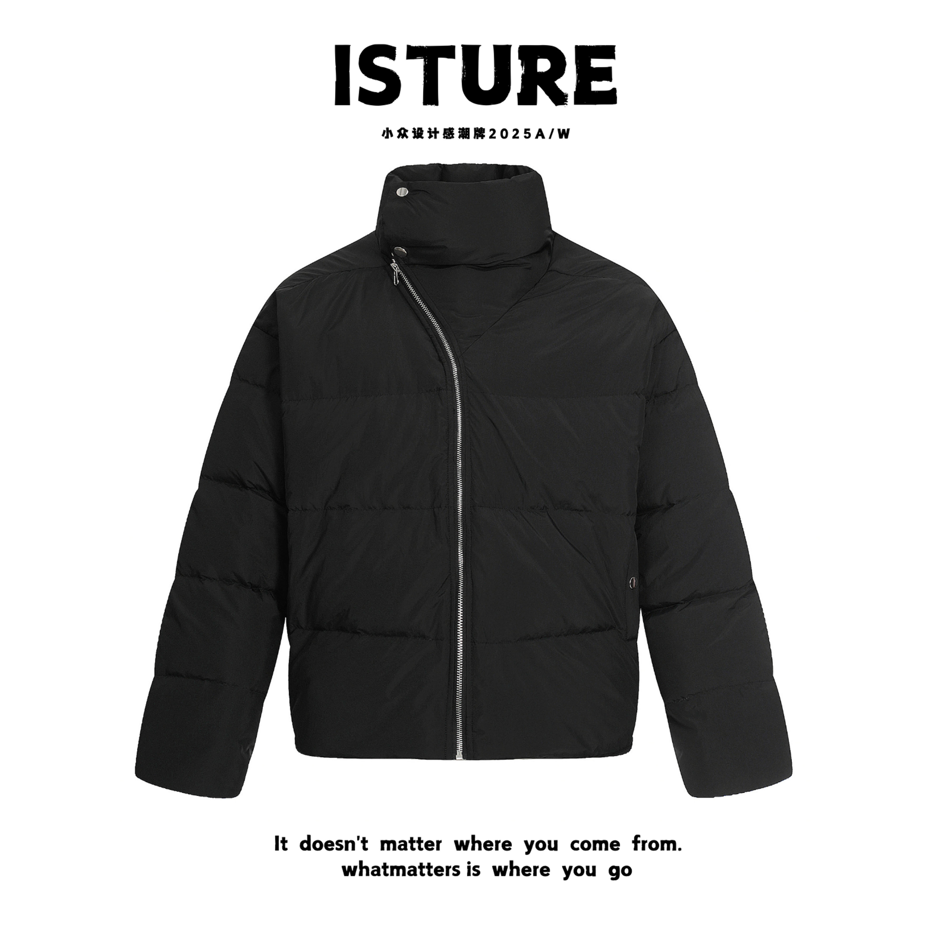 ISTURE美式复古boxy斜拉链立领棉服情侣宽松百搭休闲面包服外套冬