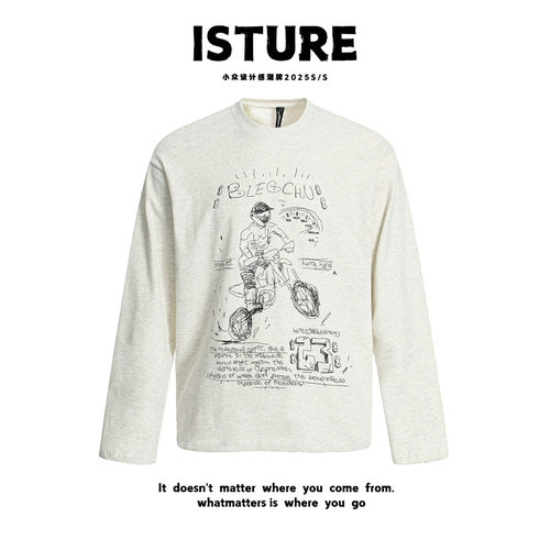ISTURE美式复古卡通印花圆领长衣情侣简约宽松休闲长袖百搭打底衫