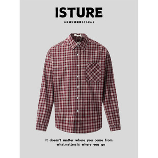 ISTURE美式复古红格子翻领衬衫早春男女款宽松休闲百搭新款上衣潮