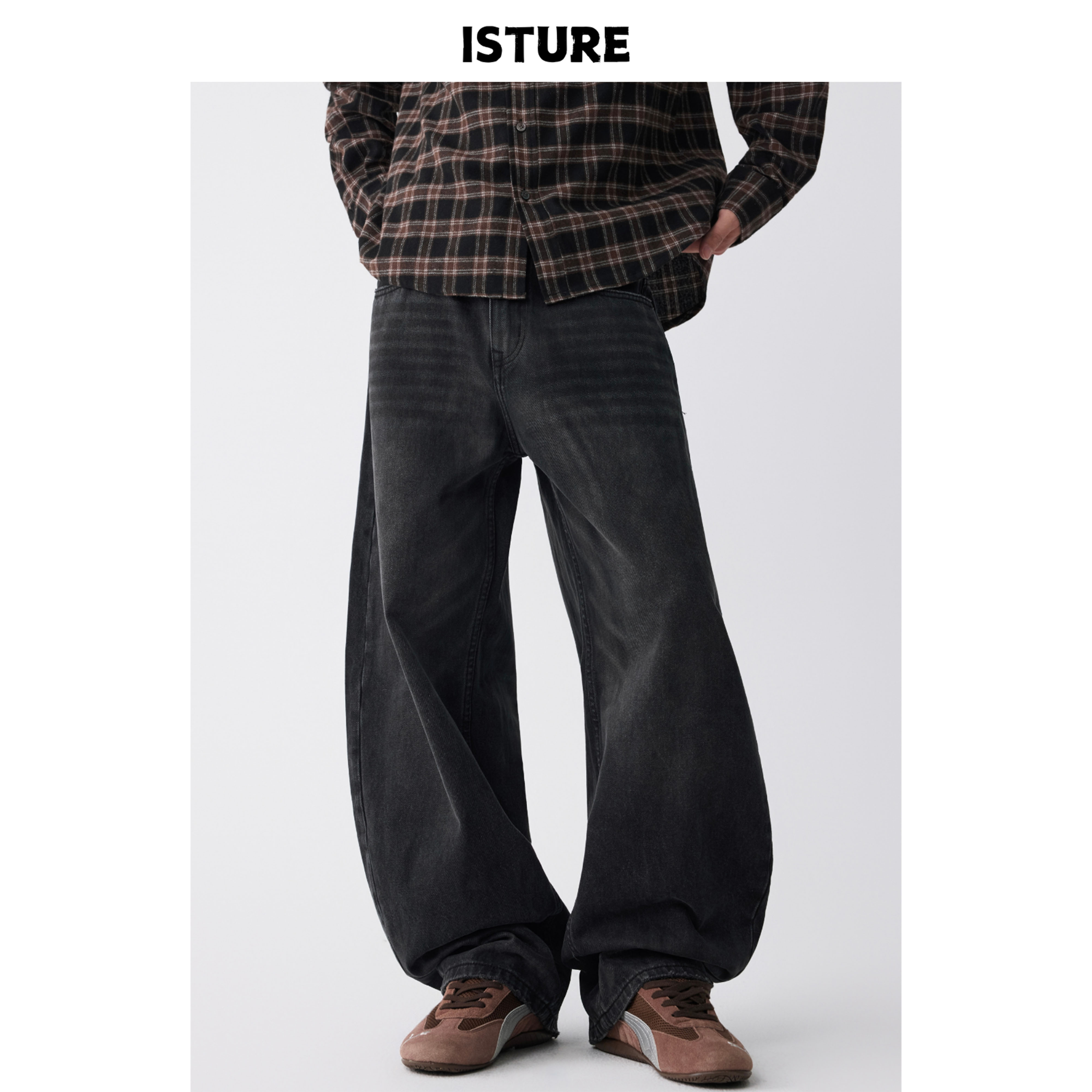 ISTURE美式复古水洗猫须弯刀牛仔裤男女宽松街头休闲阔腿垂感长裤