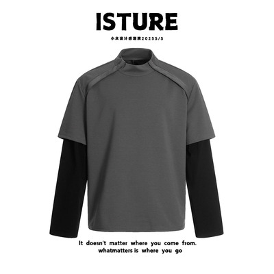 ISTURE 美式复古假两件长袖T恤情侣痞帅小众高级感休闲半开领上衣