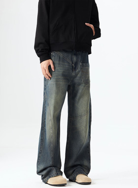 ISTURE美式复古不对称设计牛仔裤男女冬款重磅小众设计宽松阔腿裤