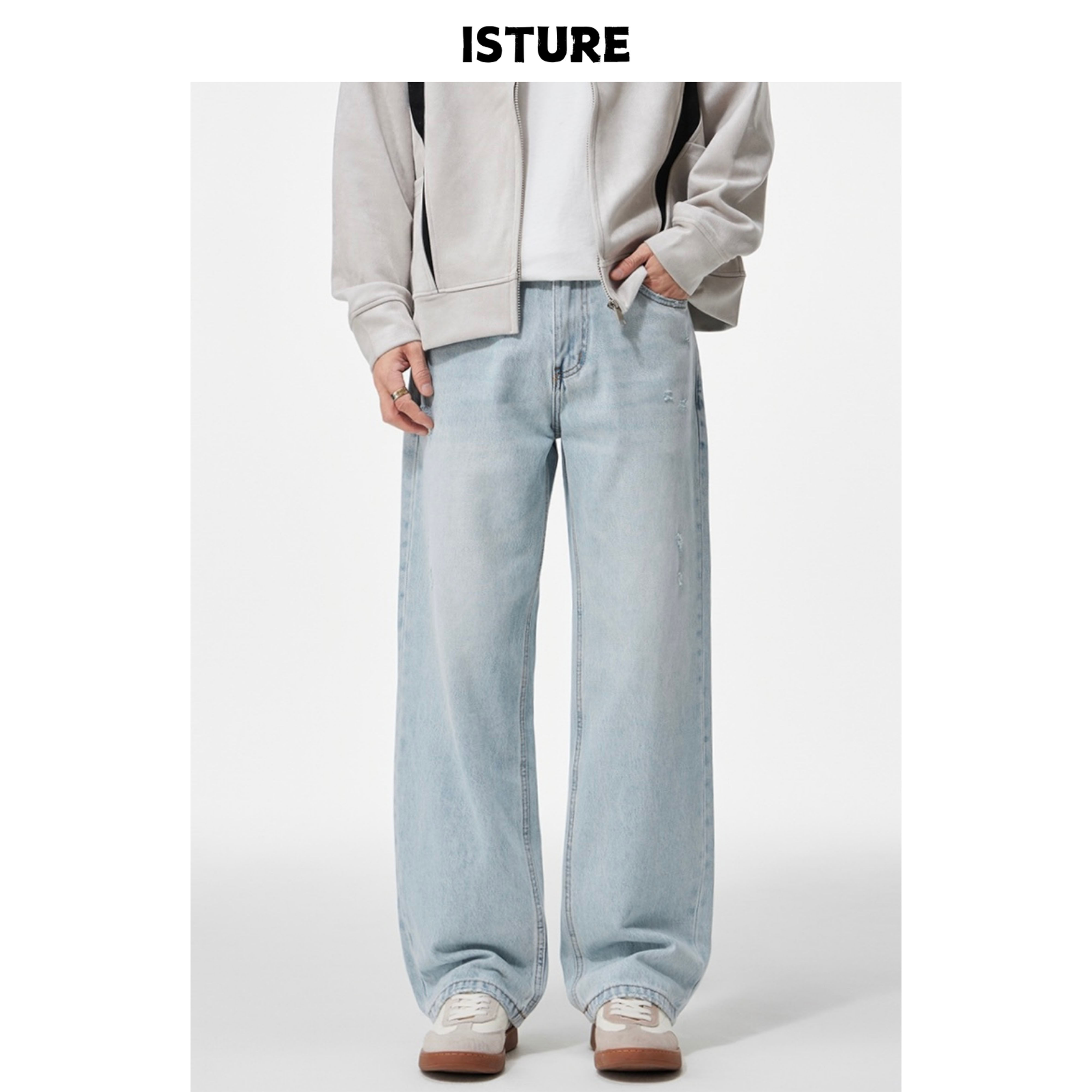 ISTURE美式cleanfit水洗磨破浅色牛仔裤男女简约百搭休闲直筒长裤