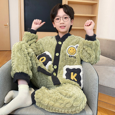 全棉纯棉 儿童睡衣男孩2025新款秋冬季加绒加厚法兰绒男童珊瑚绒