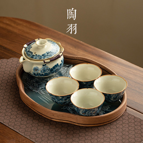 速发汝窑杯花手抓壶茶金茶盘家用防烫一家用手壶四杯功夫茶具泡茶