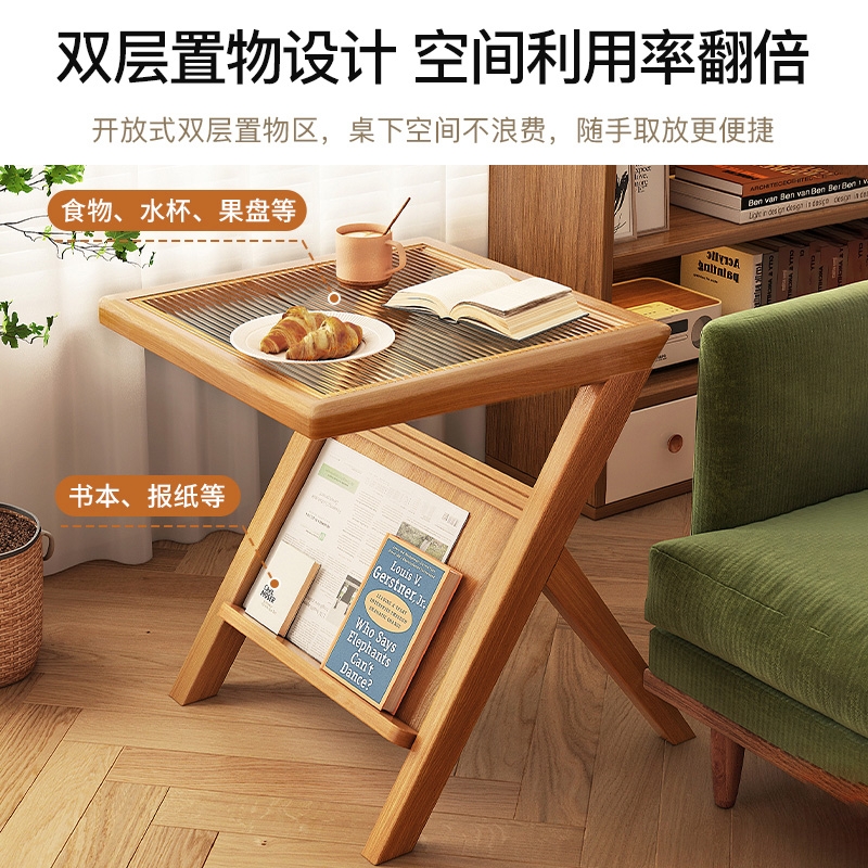 速发沙发边几边柜玻璃小茶几实木小桌子床边桌置物架小方桌日式小