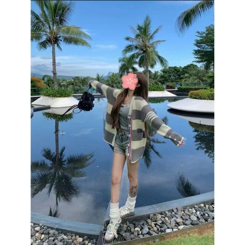 速发慵懒风条纹加排扣毛衣外套软糯小个子宽松撞色单厚针织开衫