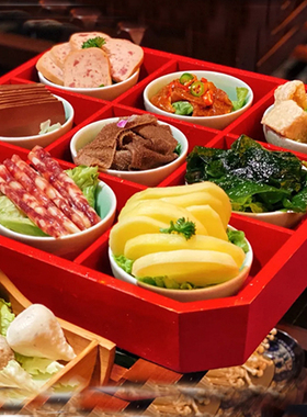 速发商用烤肉火锅店时尚特色创意红色拼宫格竹木盒子多格九盘餐具