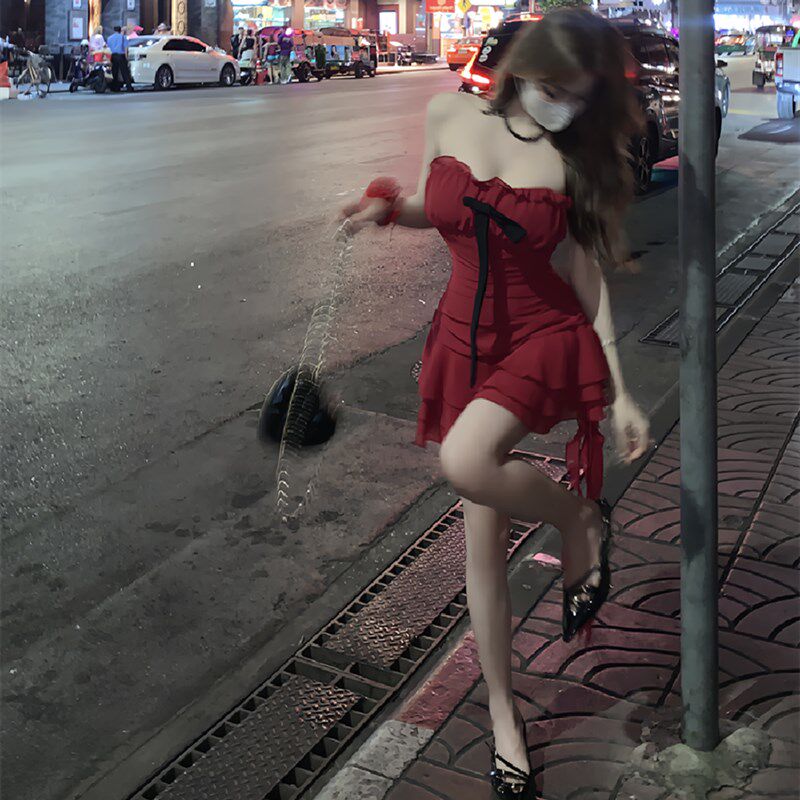 速发大码纯欲设计感蝴连结不规则红色抹胸衣蝶裙春夏辣妹短裙子