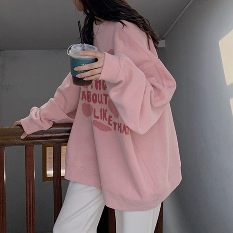 速发vit彩ge粉色a色卫衣秋衣加绒宽松大码遮肉上冬慵懒风外套