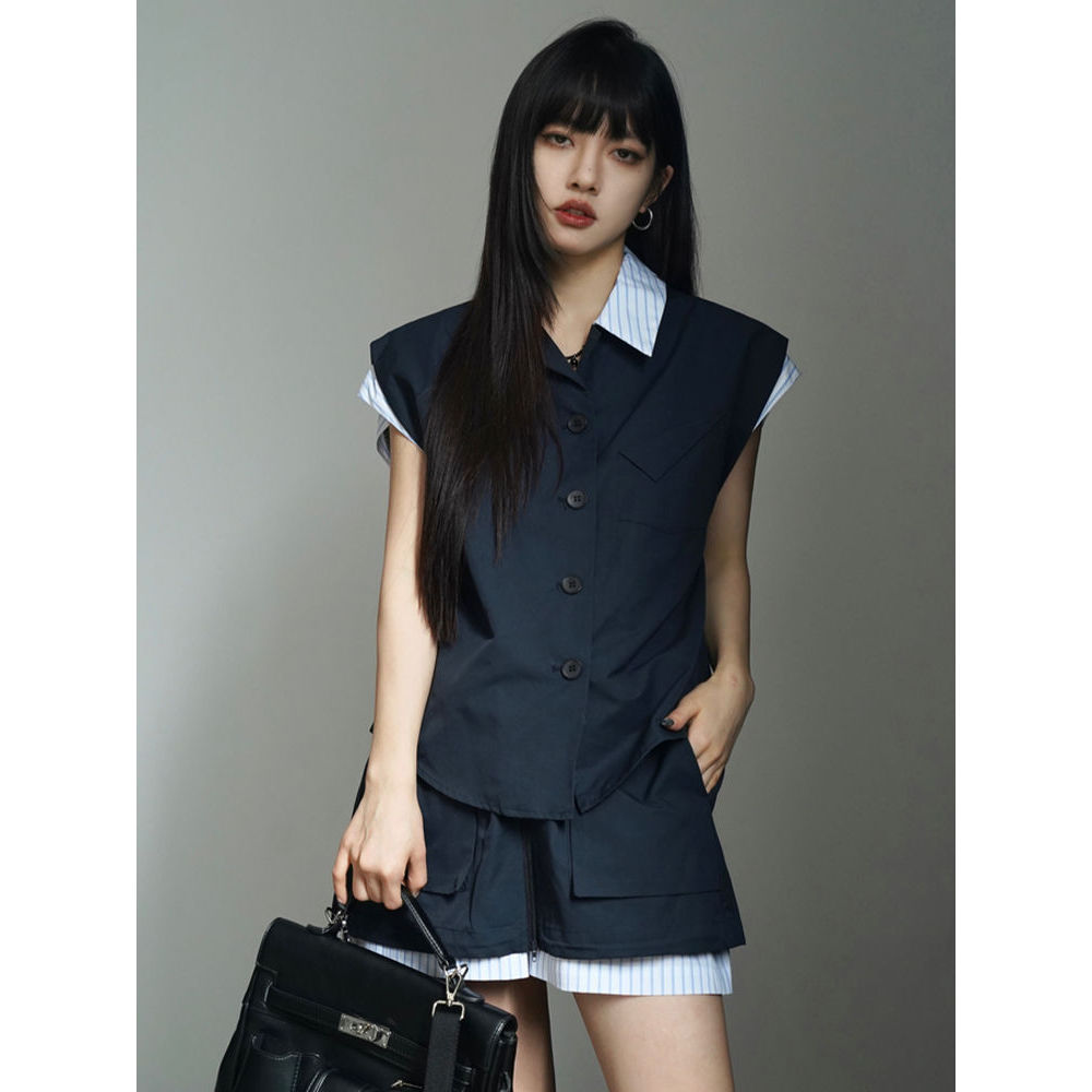 夏季设计感假两件拼接套装时尚小个子茶系穿搭高级感韩剧女主套装