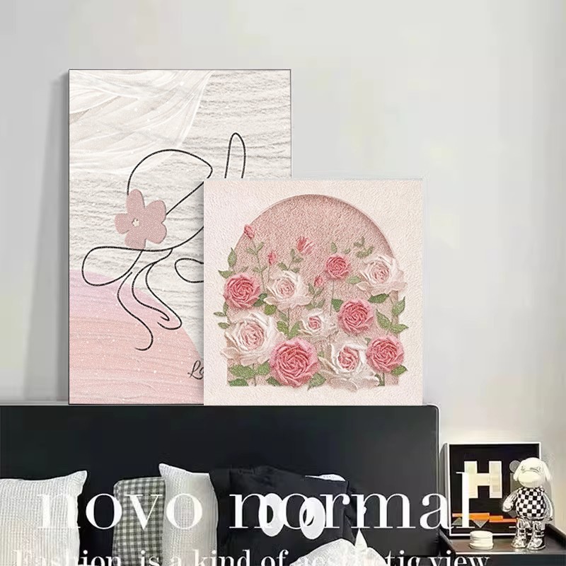 奶油风入户玄关摆件装饰画玫瑰花卉床头卧室家居饰品电视柜摆件图片