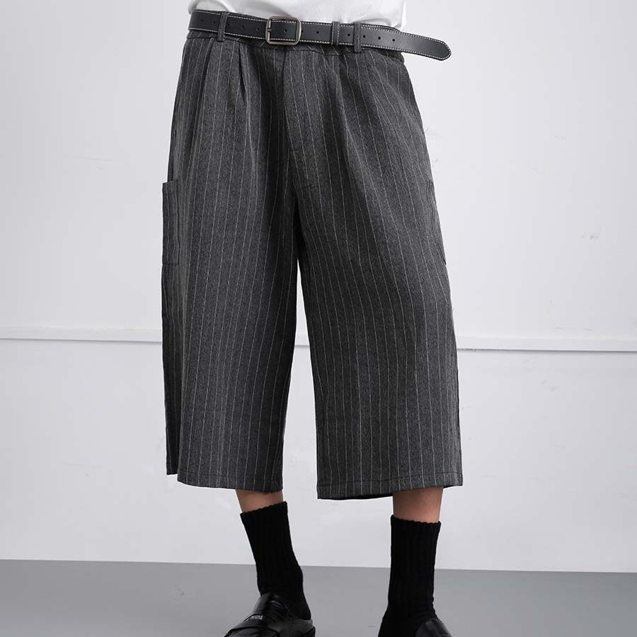 极简复古条纹阔腿直筒男女七分裤