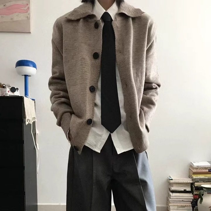 小翻领抗起球羊毛混纺开衫毛衣