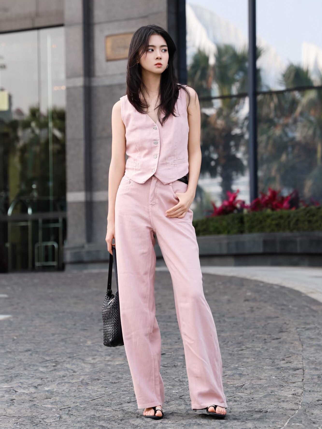 正品2026夏新粉棕色亚麻西装马甲阔腿裤女MBF2WAI033/MBF2JEN012
