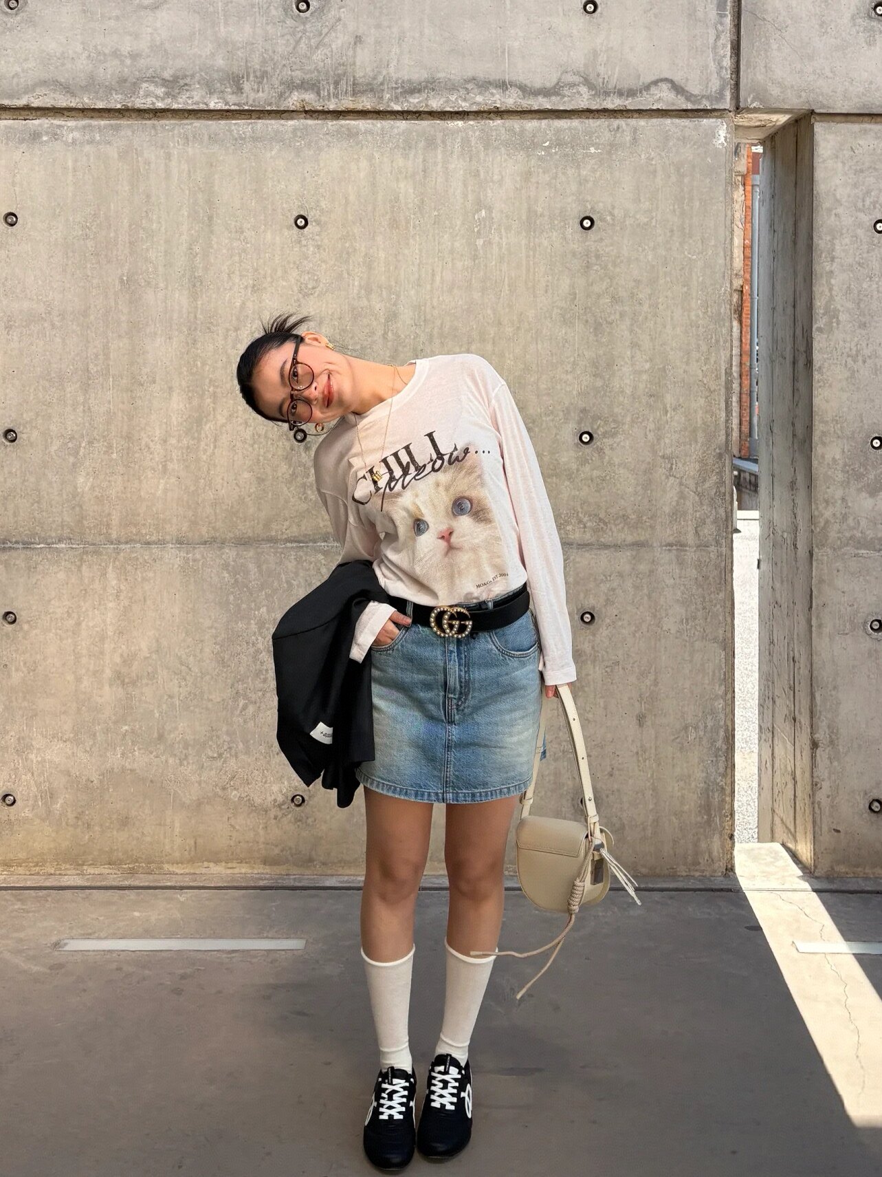 长袖轻薄针织防晒猫咪印花T恤女