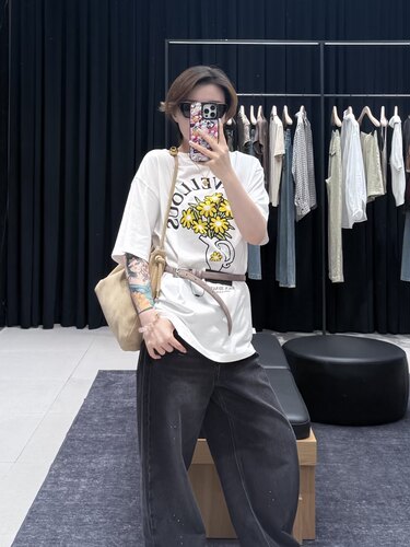 正品2026秋新品洗旧棉短袖印花T恤宽松圆领女MBF3TEE022姆明系列