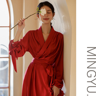 2024春夏透气长袖 真丝睡衣女结婚高级感化妆袍女 新娘晨袍红色长款