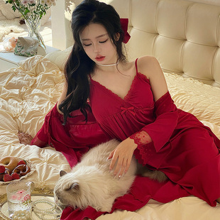 婚礼晨袍女新娘伴娘团真丝结婚睡衣夏薄红色中女长款 睡裙袍春秋季