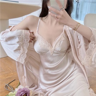 法式 宫廷风睡裙女春秋超长真丝睡衣新娘晨袍红色吊带裙喜庆本命年