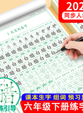 六年级下册同步练字帖小学生同步点阵控笔训练人教版语文课本生字笔画笔顺组词练字本描红本钢笔专用练字帖每日一练硬笔书法练字帖
