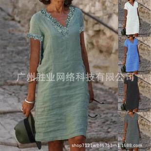 dress V-neck lace cotton linen water-soluble Womens dyed