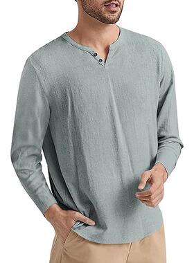 Mens Beach T-shirt Long Sleeve Casual Solid Color Cotton