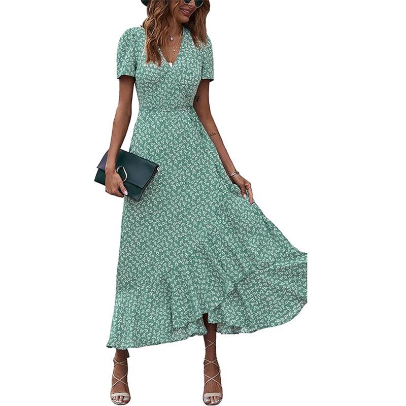Short Wrap Dress Hem Bohemian V-neck Maxi Ruffled Womens