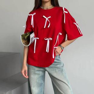 Outerwear Women Bowknot T-shirt Short Womens Tops Sleeve