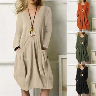 casual women for pocket Cotton loose linen color and skirt
