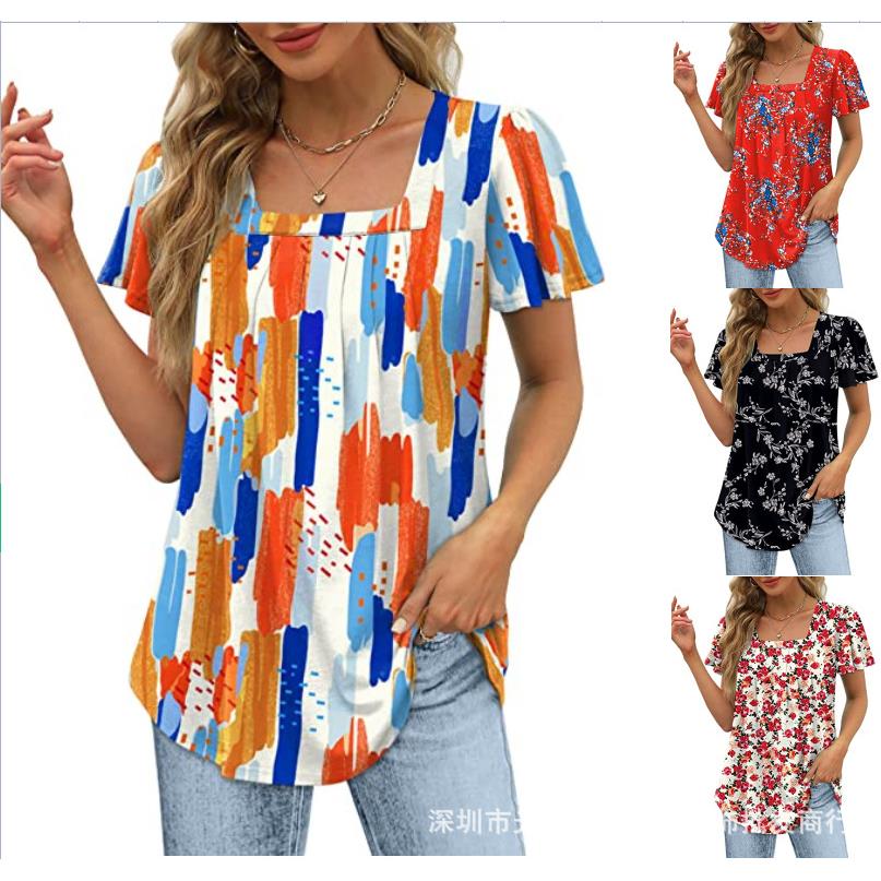 Womens Pleated Square Neck Short Sleeve Swallowtail Womens