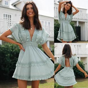 swing long back dress stitching bat halter lace sleeve