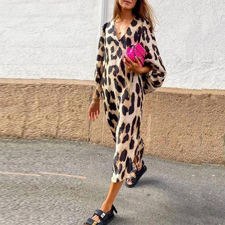 dress print leopard sleeve lantern dress long loose V-neck