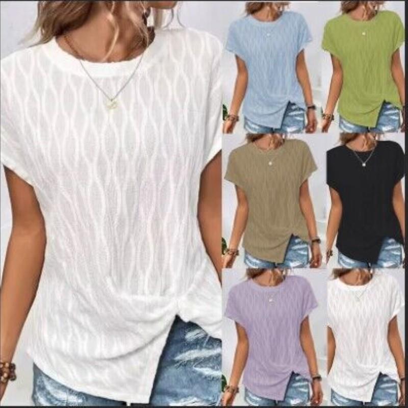neck Womens solid sleeve color loose casual round T-shirt