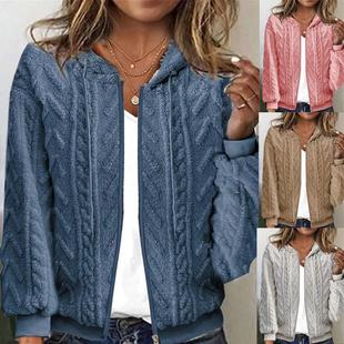 Zipper Color Jacket Hooded Plush Womens Solid Cardigan