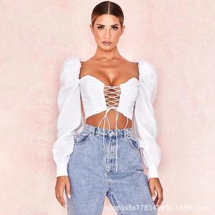 short lantern cross slim Summer top belly lace baring