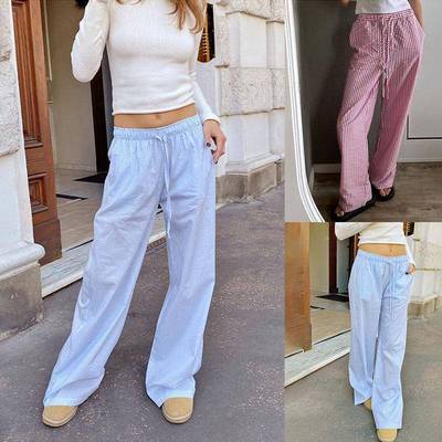 Striped Pants Waist Womens Casual Leg Elastic Drawstring