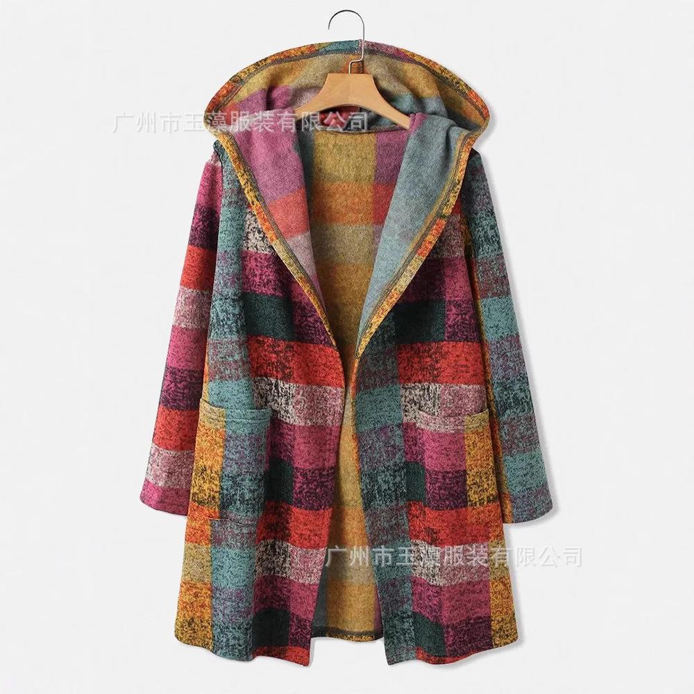 plaid tie-dye cardigan coat for women mid-length fallwinter