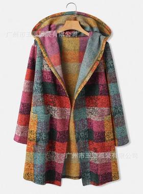 plaid tie-dye cardigan coat for women mid-length fallwinter