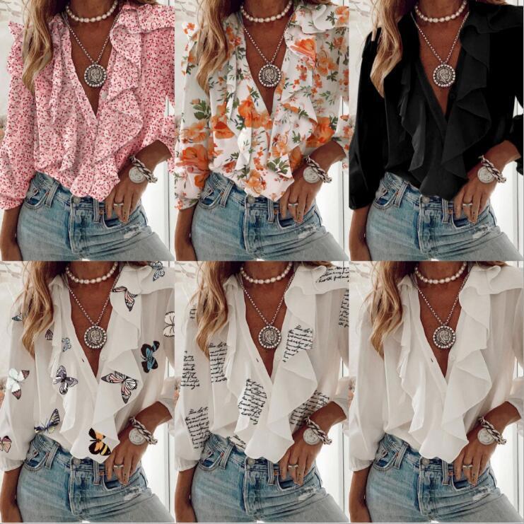 Women's Shirt Chiffon Shirt V Neck Long Sleeve Top